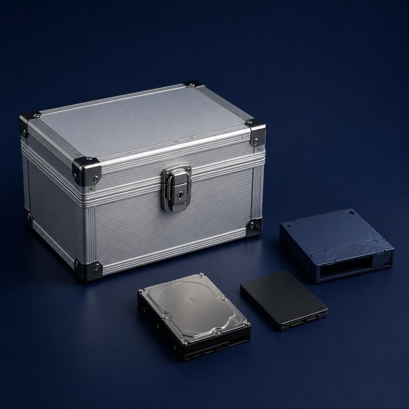 Prinzipdarstellung eines geschlossenen Metallbehälters mit Festplatte, SSD und Sicherungsmedium – KI-Generiert
